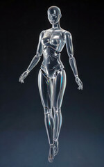 A woman in a silver body suit is standing in the air
