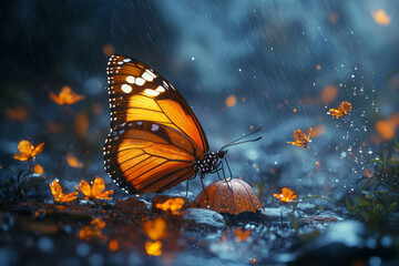 Obraz premium A butterfly flying while carrying a small umbrella,