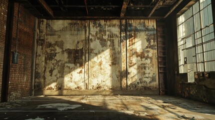 Sunlit Abandoned Industrial Warehouse with Exposed Brick Walls