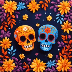 Colorful skulls adorned with floral patterns, festive celebration background