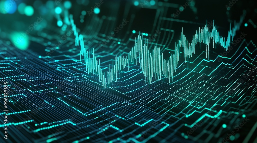 Poster abstract digital background representing data analysis and trends with fluctuating graphs and neon c