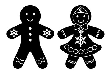 Set of gingerbread man and woman sweet cookies. Holiday winter Christmas symbols. Vector illustration.