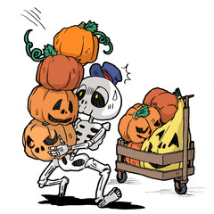 たくさんのカボチャを運ぶ骸骨の配達員のカラーイラスト