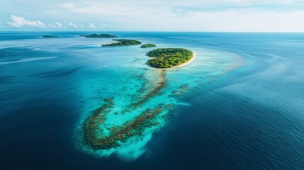 Obraz premium Aerial view of a vast ocean with small islands scattered, showcasing turquoise waters and coral reefs.