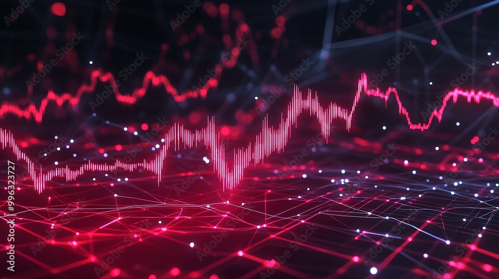 Poster abstract digital background with a red wave pattern and glowing lights representing data and signals