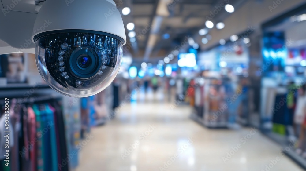 Poster a detailed view of a surveillance camera installed in a retail store, capturing customers and mercha