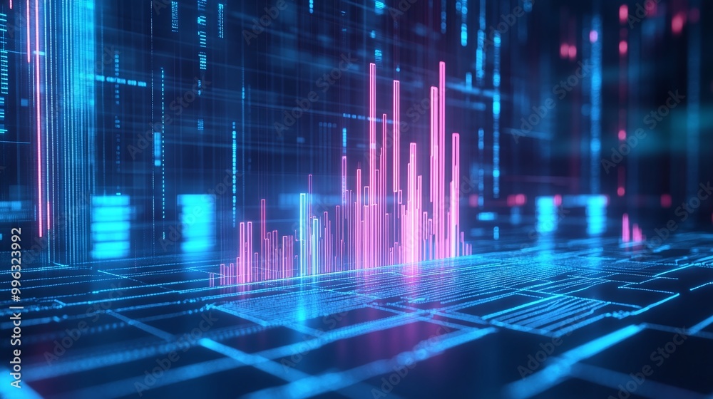 Poster abstract digital background with colorful holographic data visualization and glowing lines.