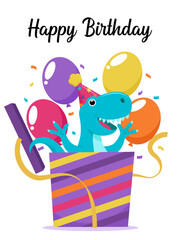 Vector dinosaur themed happy birthday card, dinosaur coming out of gift box for birthday celebration. Ideal to create festive atmosphere for children's birthday party.