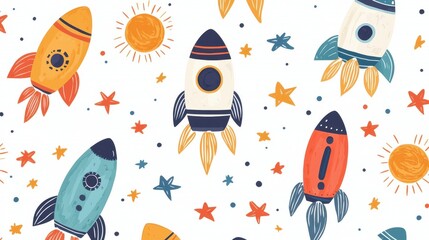 Child-drawn rockets and aliens, space theme, flat design illustration