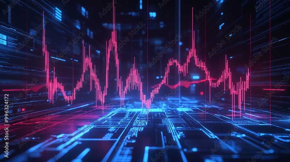 Poster abstract digital background with glowing blue and red data streams and heart rate graph representing