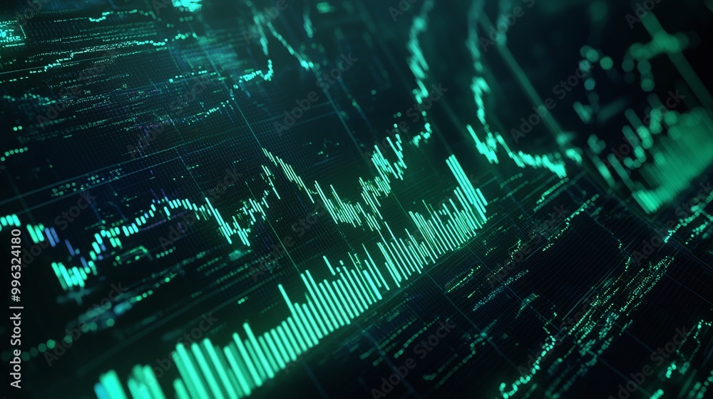 Poster abstract digital background with glowing data patterns and graphs, ideal for tech and finance themes