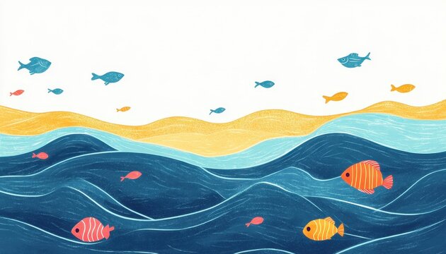 Simple crayon doodles of ocean waves and fish, beach theme, flat design illustration