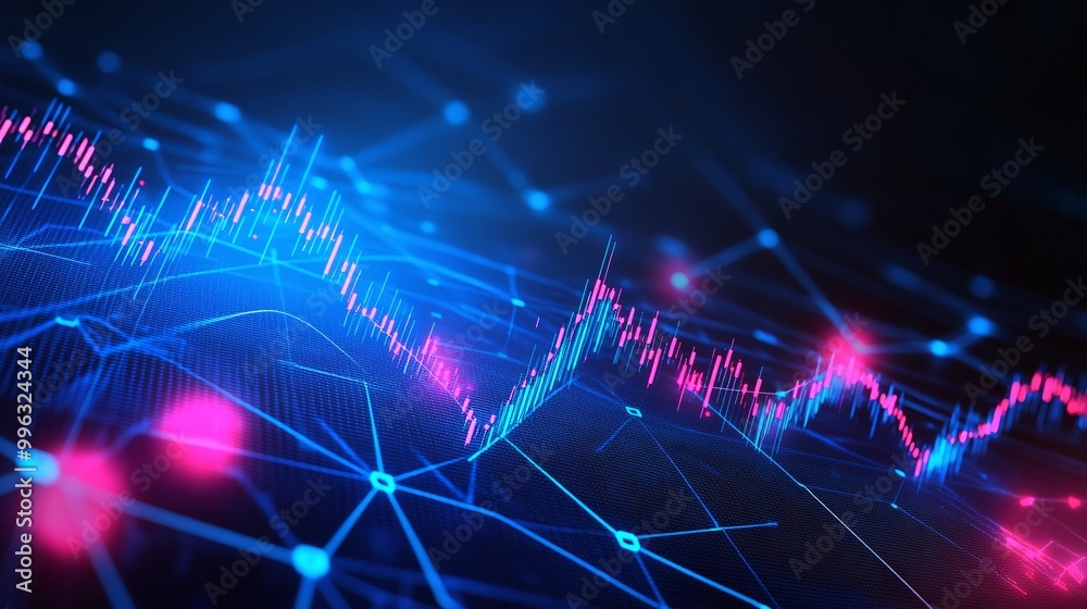 Poster Abstract digital background with glowing graphs and connections, representing data analytics and network technology.