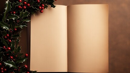 Empty pages of a book surrounded by festive holly and red berries.