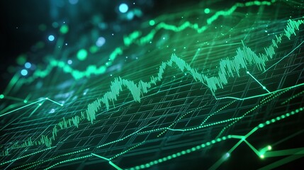 Abstract digital background with green data visualization and stock market trends.