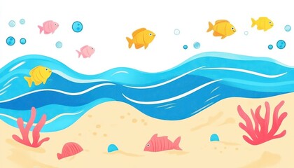 Obraz premium Simple crayon doodles of ocean waves and fish, beach theme, flat design illustration
