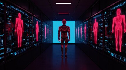 Futuristic corridor with holographic human figures and neon lighting.