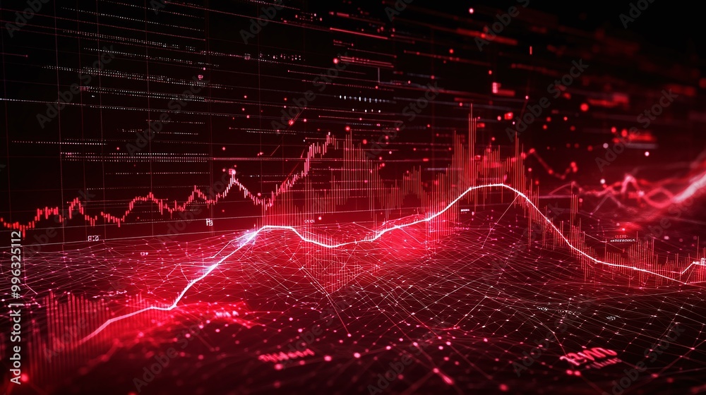 Poster abstract digital background with red glowing data visualizations and interconnected lines representi