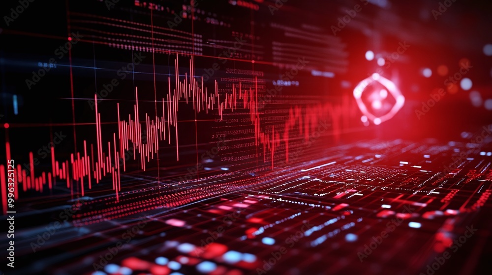 Poster abstract digital background with red data visualizations and graphs, displaying technological trends