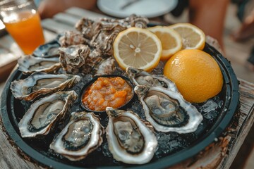 Raw Oysters on Ice with Lemon Slices and Sauce