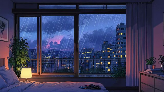 relaxing lofi with bedroom rain on the window seamless loop animation created with generative ai