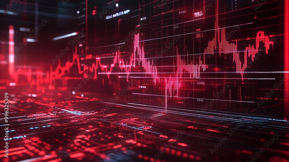 Poster abstract digital background with red graphs and data visualization elements.