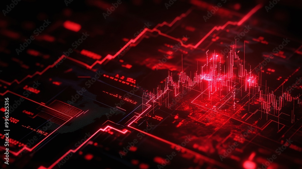 Poster abstract digital background with red lines and graphs representing data analysis and financial trend