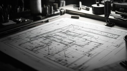 A high-definition close-up of an architectural blueprint on a drafting table, with fine lines, measurements, and symbols illustrating the technical aspects of the design