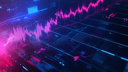 Abstract digital background with vibrant pink and blue waveforms representing data flow and technology.