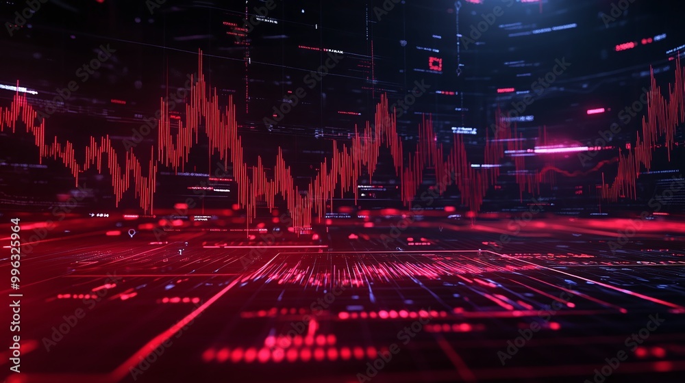 Poster abstract digital background with vibrant red lines and data points, representing technology and data