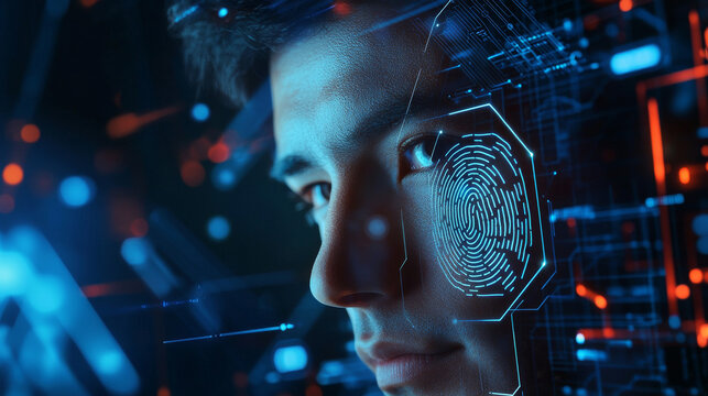 A concept of digital forensics or biometrics, featuring a graphic of a man's face integrated with a fingerprint pattern. The design is complemented by a futuristic interface, incorporating glowing lin