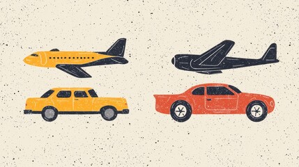 Hand-drawn cars and planes, crayon texture, flat design illustration