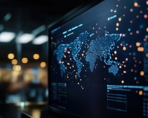 High-tech monitor displaying a digital world map with data points.