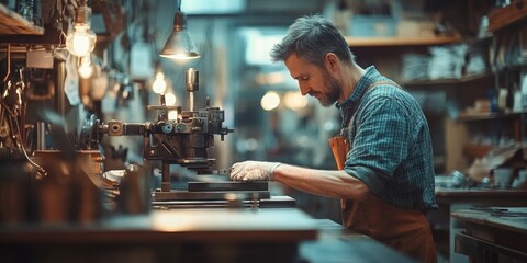Jewelry artisan shaping metal at workbench, workshop ambiance softly blurred, craftsmanship illuminated by gentle light