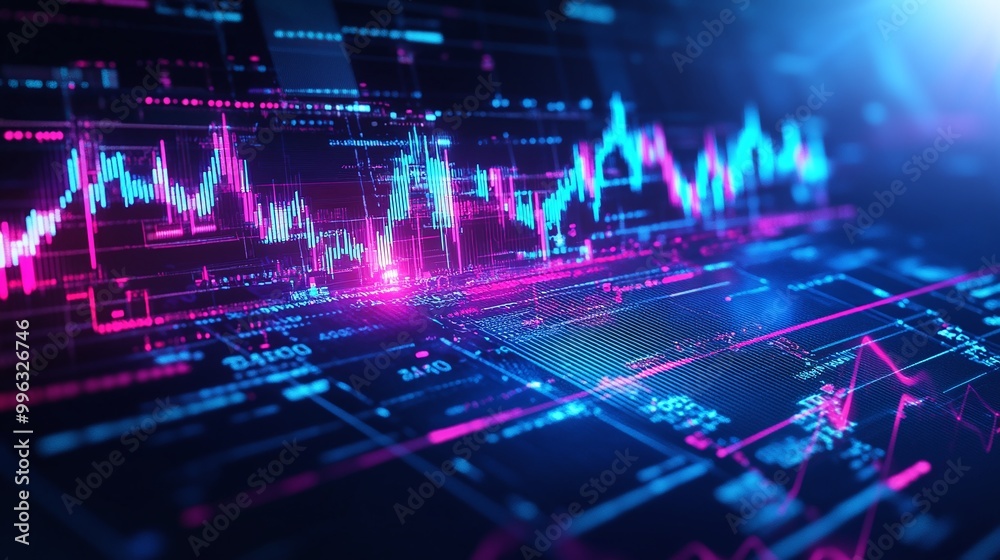 Poster abstract digital data analysis with colorful graphs and numbers on a futuristic interface.