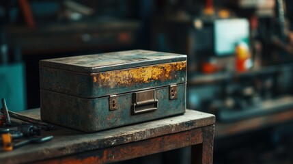 Rustic Toolbox on Workshop Bench in Vintage Workshop