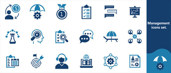 Management editable stroke outline icons set. Management, mission, growth, achievement, teamwork, strategy, creativity, goal and communication. Vector illustration
12