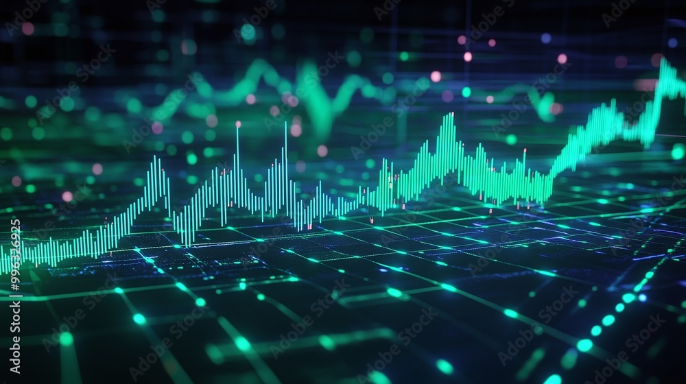 Poster abstract digital data analysis with vibrant charts and graphs representing trends and statistics.