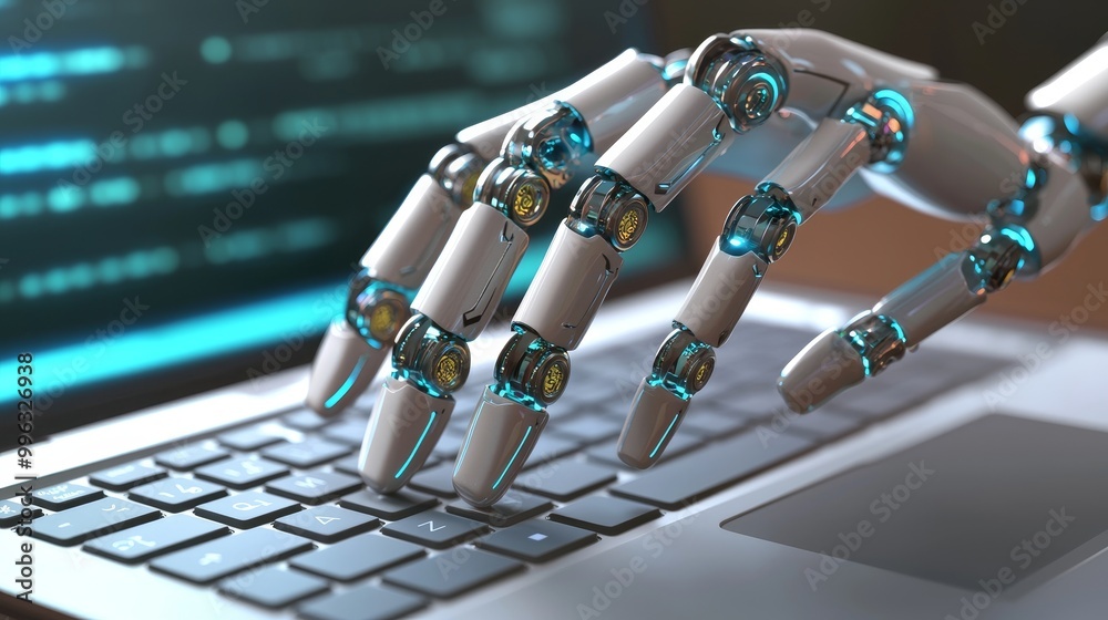 Poster using stock to replace humans in human interaction. the concept of a robot typing on a computer.