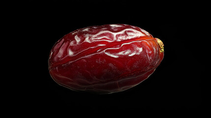 A single, ripe date fruit isolated on a black background.