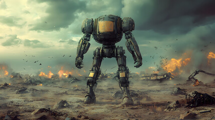 A battle-worn robot soldier standing in the middle of a post-apocalyptic battlefield