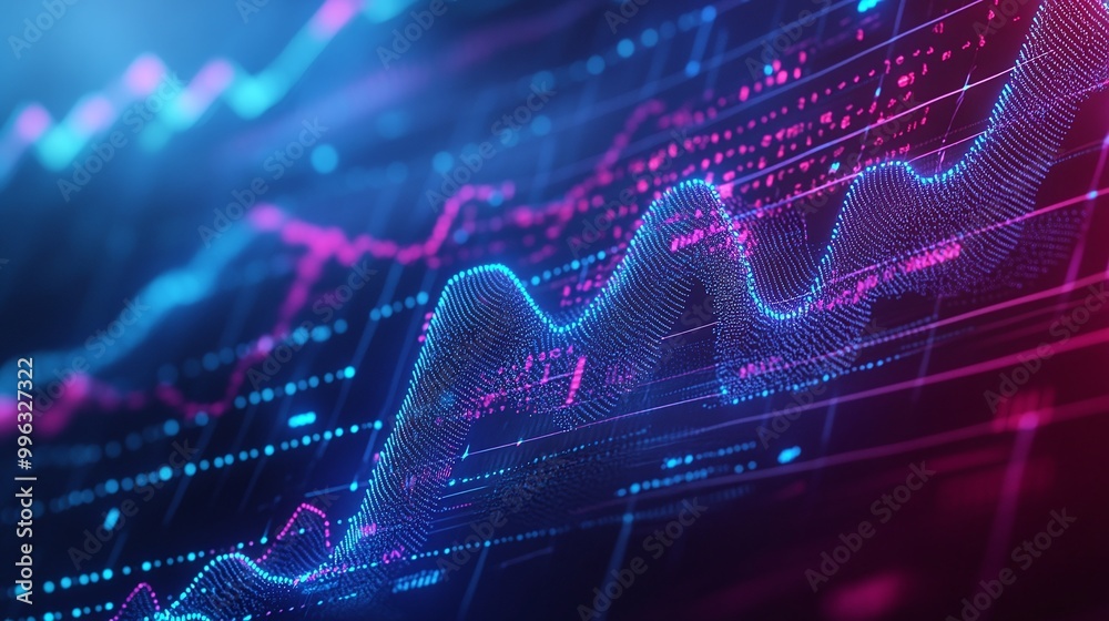 Poster abstract digital data graph visual represented in vibrant colors and light trails on a dark backgrou