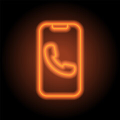 Phone notification with call simple icon vector. Flat design. Orange neon on black background