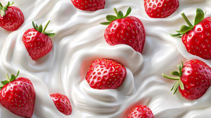 A 3D vector illustration of a ripe strawberry in a splash of milk cream or yogurt drink, with a dessert swirl featuring berries. The scene shows a realistic wave of white liquid, dairy yogurt, or cock