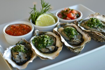 Fresh Oysters with Green Herbs and Spicy Dips on White Plate