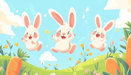 Obraz premium Bouncing bunnies and carrots, springtime theme, flat design illustration