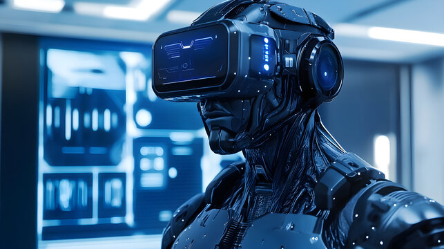 A futuristic combat robot training in a virtual reality environment honing its skills