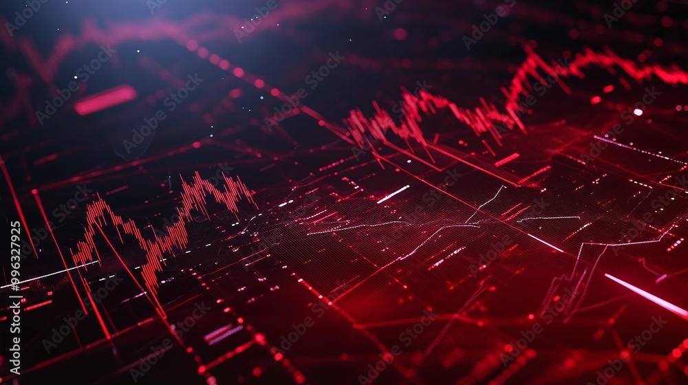 Poster abstract digital data visualization, featuring red graph lines and electronic patterns on a dark bac
