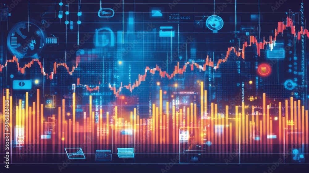 Poster a digital illustration of a stock market graph showing upward trends, surrounded by financial icons 