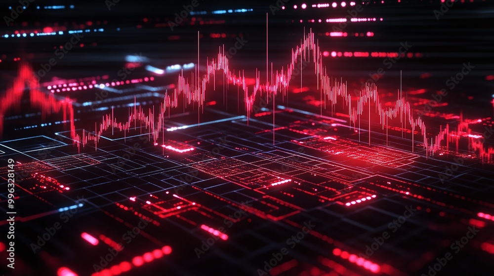 Poster abstract digital data visualization in red tones with fluctuating graphs on a dark background.